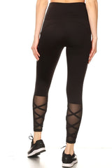 Wholesale Womens High Waist Tummy Control Sports Leggings With Pockets & Mesh Panels With Crossed Straps - Black - S&G Apparel