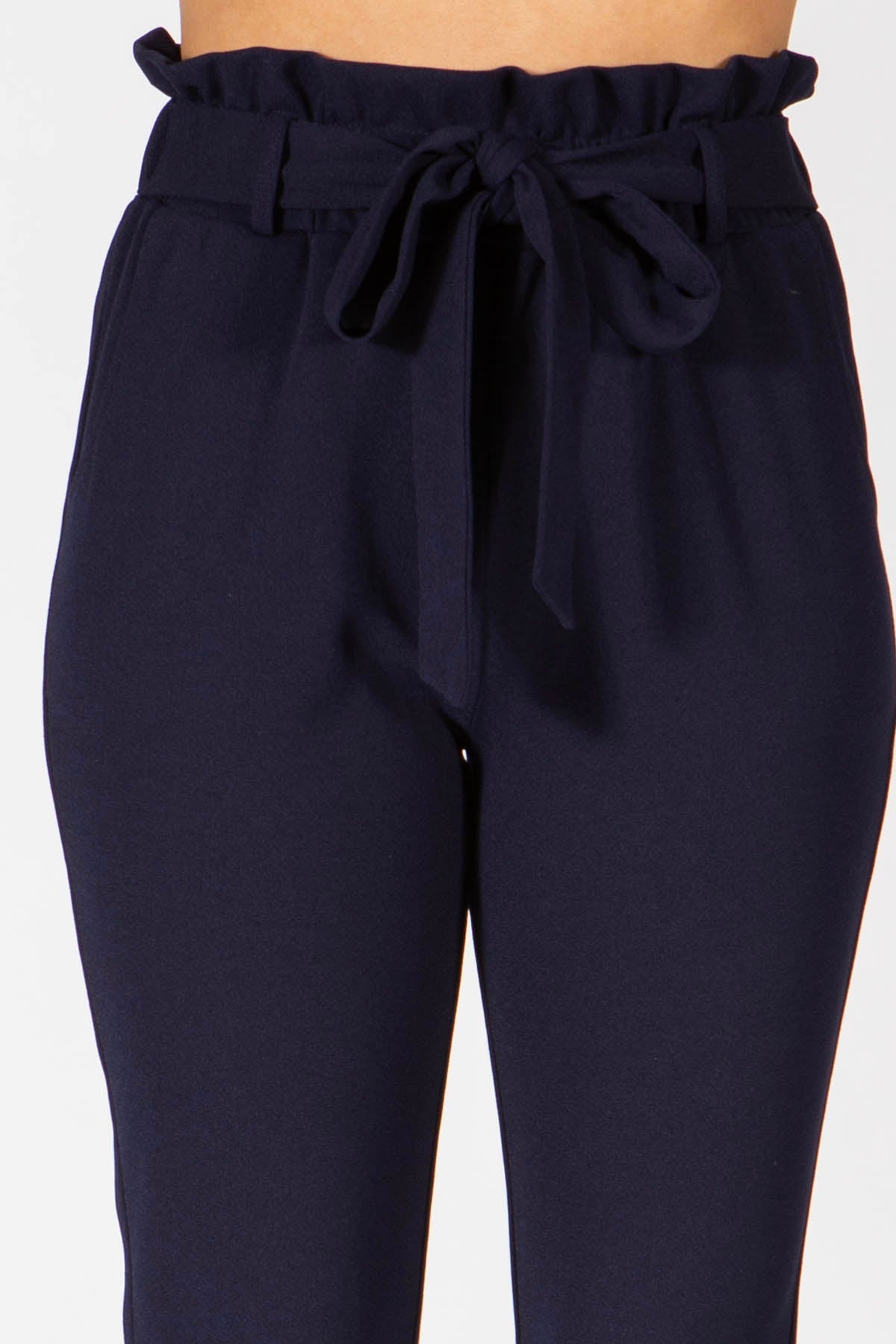 Wholesale Womens Paperbag Waist Slim Fit Pants With Self Tie - Navy - S&G Apparel