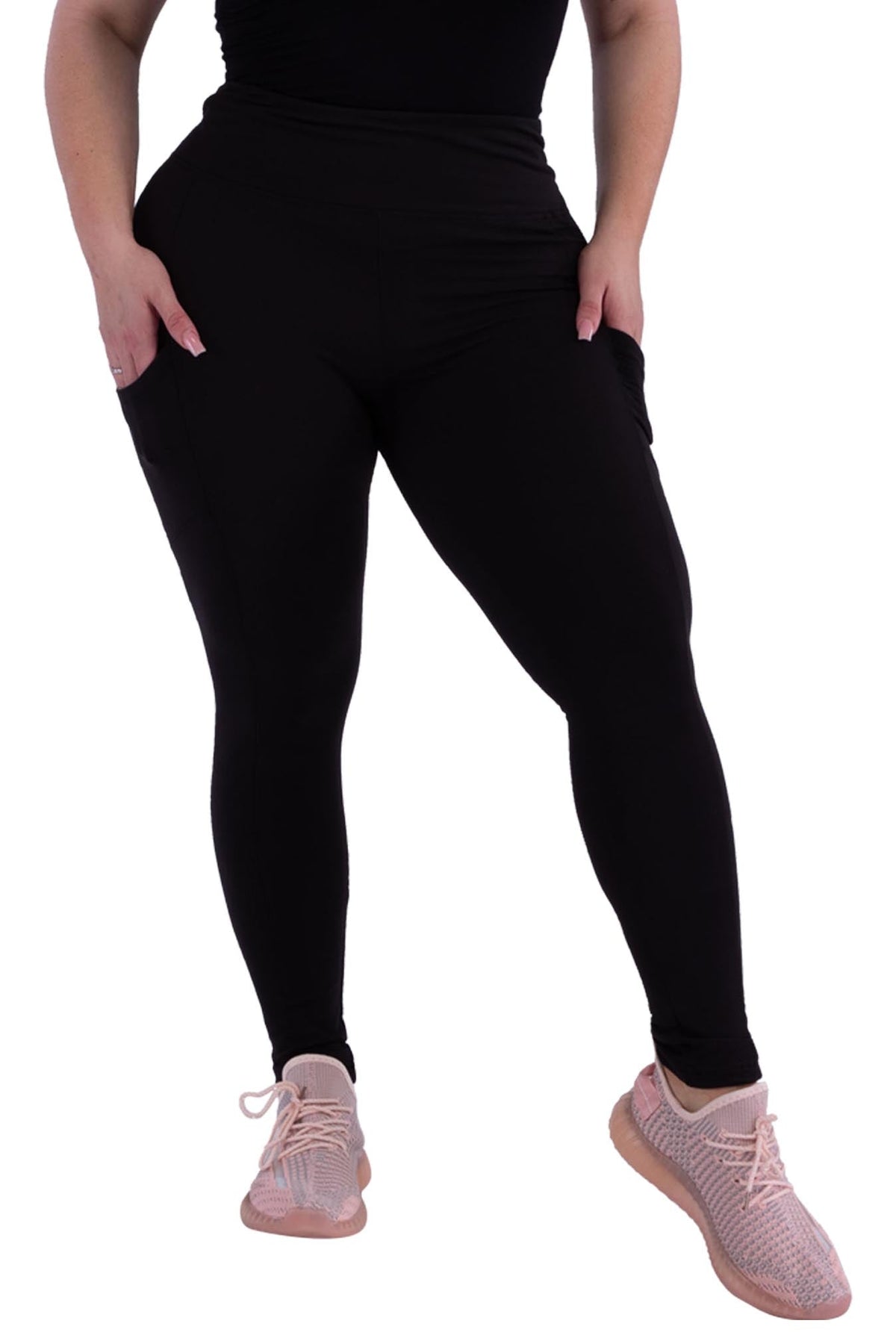 Wholesale Womens Plus Size Solid Fleece Lined Sports Leggings With Side Pockets - Black - S&G Apparel