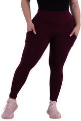 Wholesale Womens Plus Size Solid Fleece Lined Sports Leggings With Side Pockets - Burgundy - S&G Apparel