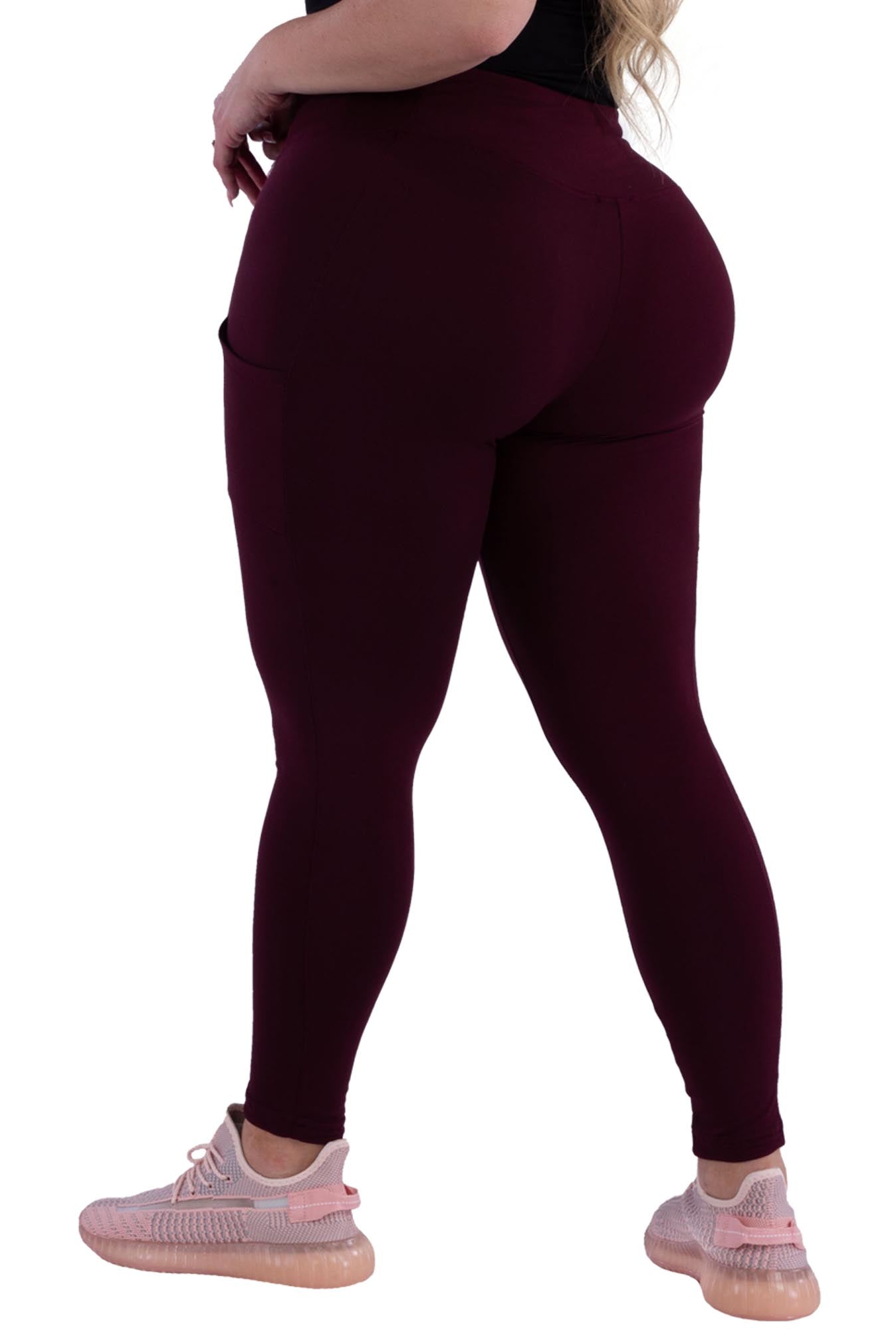 Wholesale Womens Plus Size Solid Fleece Lined Sports Leggings With Side Pockets - Burgundy - S&G Apparel