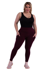 Wholesale Womens Plus Size Solid Fleece Lined Sports Leggings With Side Pockets - Burgundy - S&G Apparel