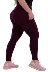 Wholesale Womens Plus Size Solid Fleece Lined Sports Leggings With Side Pockets - Burgundy - S&G Apparel