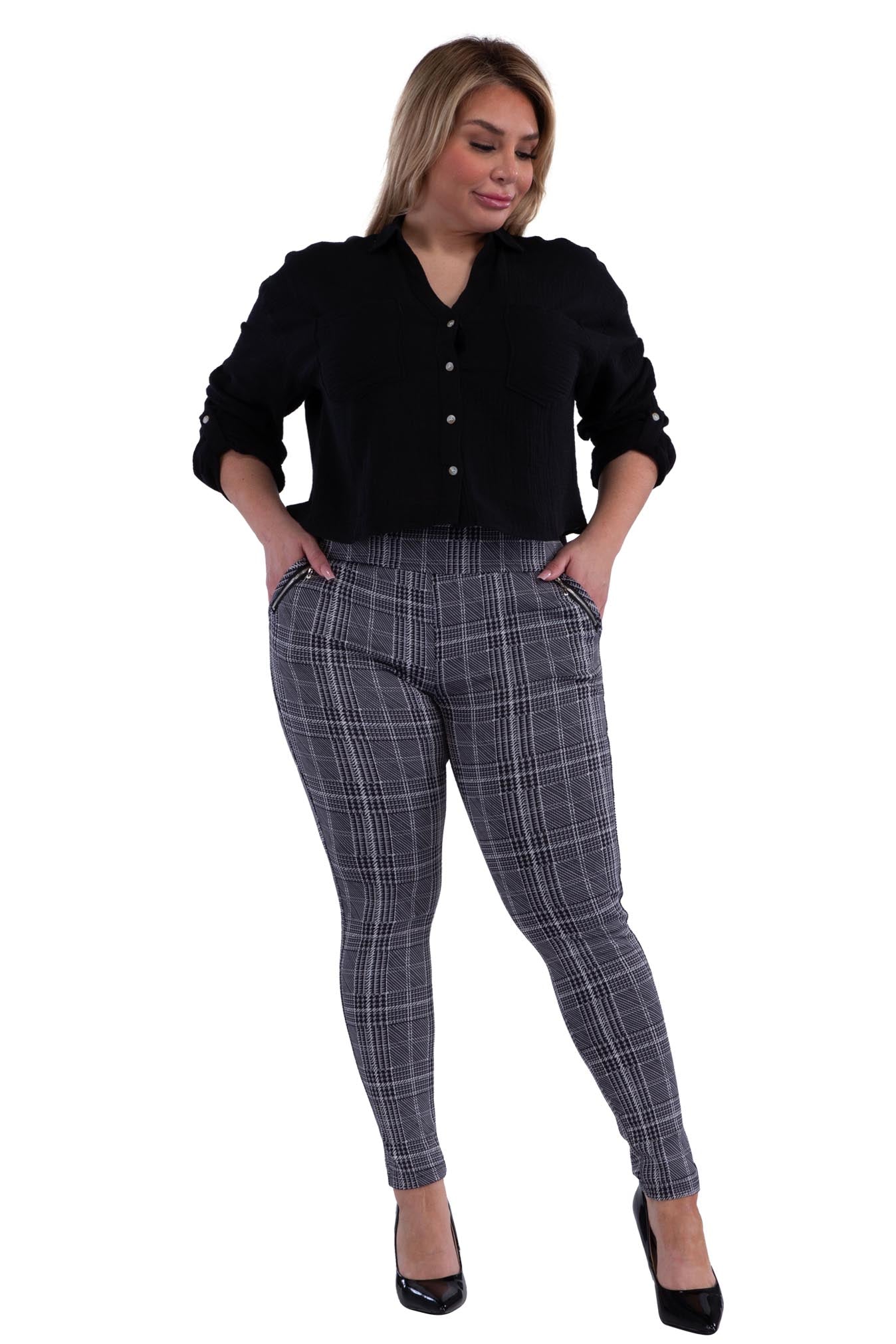 Wholesale Womens Plus Size Treggings With Zipper Pocket Trim - Black & White Plaid - S&G Apparel