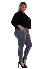 Wholesale Womens Plus Size Treggings With Zipper Pocket Trim - Black & White Plaid - S&G Apparel