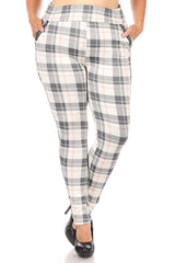 Wholesale Womens Plus Size Treggings With Zipper Pocket Trim - Cream & Sage Plaid - S&G Apparel