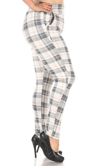 Wholesale Womens Plus Size Treggings With Zipper Pocket Trim - Cream & Sage Plaid - S&G Apparel