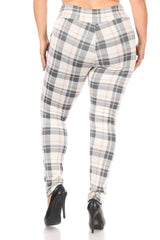 Wholesale Womens Plus Size Treggings With Zipper Pocket Trim - Cream & Sage Plaid - S&G Apparel