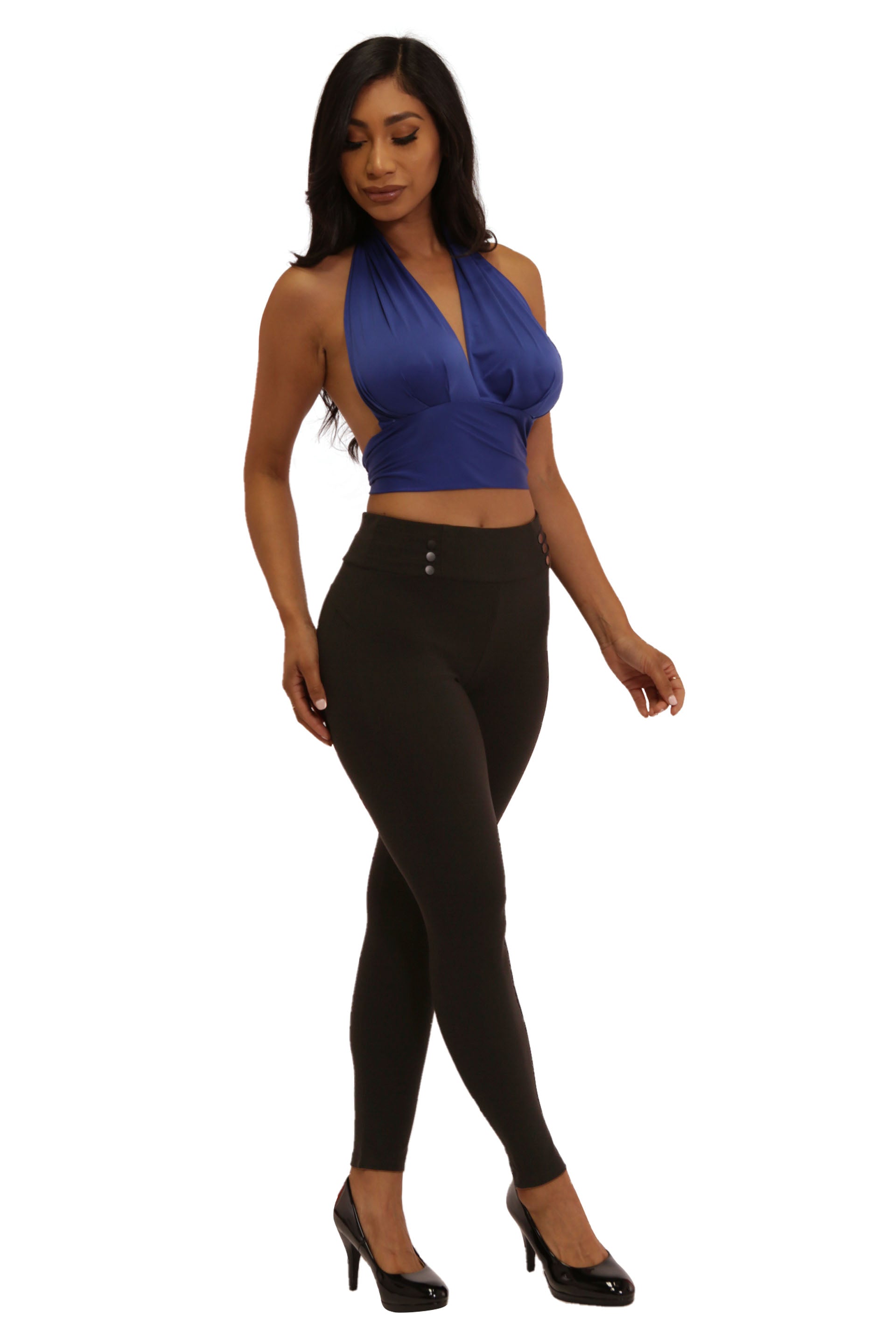 Wholesale Womens Sculpting Treggings With Button Waist Detail - Black - S&G Apparel