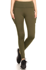 Wholesale Womens Solid Fleece Lined Sports Leggings With Side Pockets - Olive - S&G Apparel