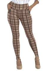 Wholesale Womens Tregging Skinny Pants With Zipper Pockets - Beige, Brown Plaid - S&G Apparel