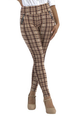 Wholesale Womens Tregging Skinny Pants With Zipper Pockets - Beige, Brown Plaid - S&G Apparel