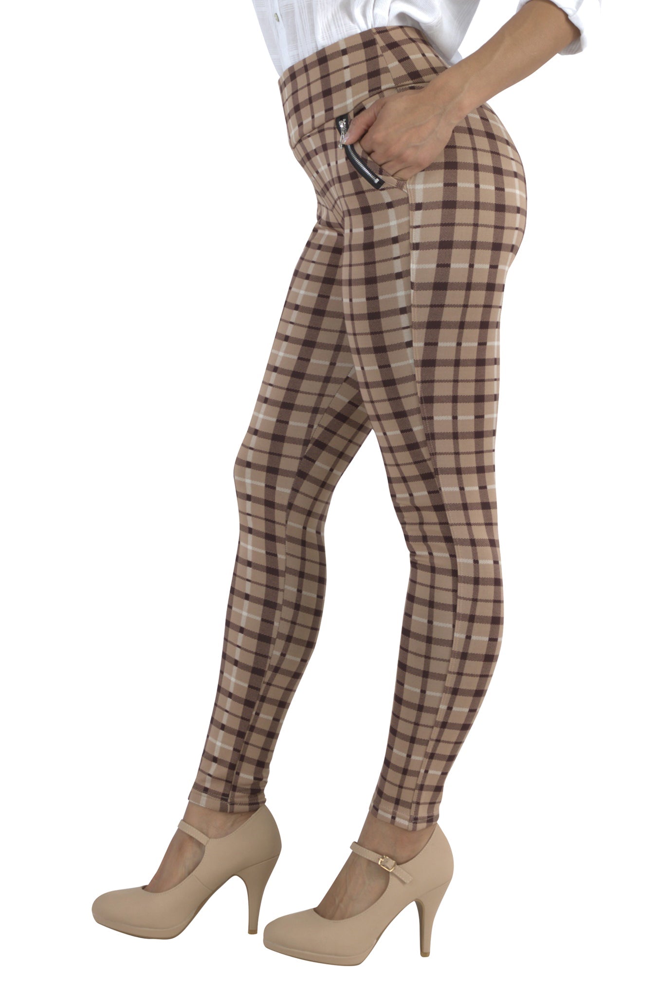 Wholesale Womens Tregging Skinny Pants With Zipper Pockets - Beige, Brown Plaid - S&G Apparel