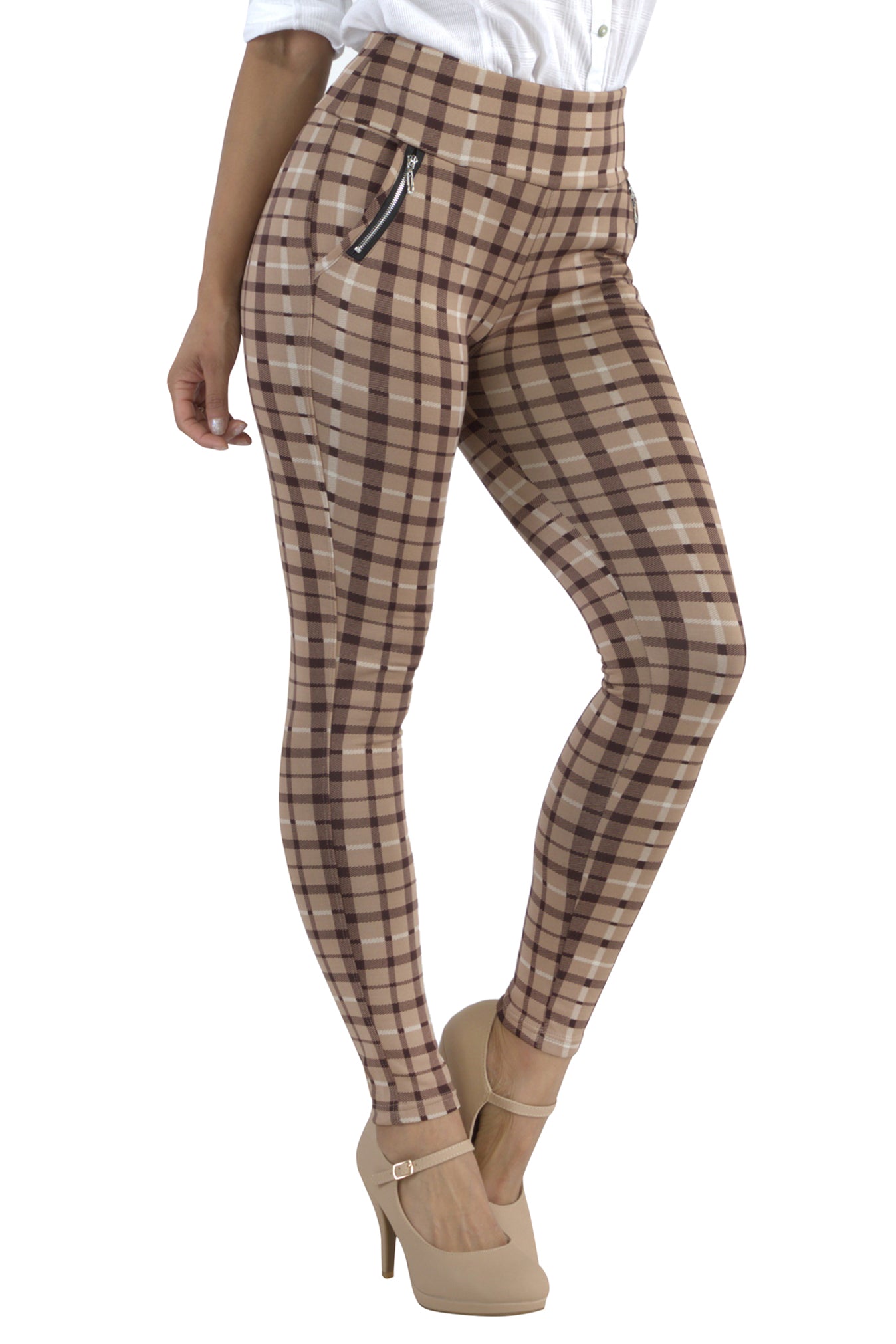 Wholesale Womens Tregging Skinny Pants With Zipper Pockets - Beige, Brown Plaid - S&G Apparel