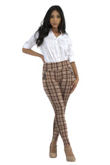 Wholesale Womens Tregging Skinny Pants With Zipper Pockets - Beige, Brown Plaid - S&G Apparel