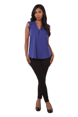 Wholesale Womens V-Neck Tops With Ruffle Armhole Detail - Blue - S&G Apparel