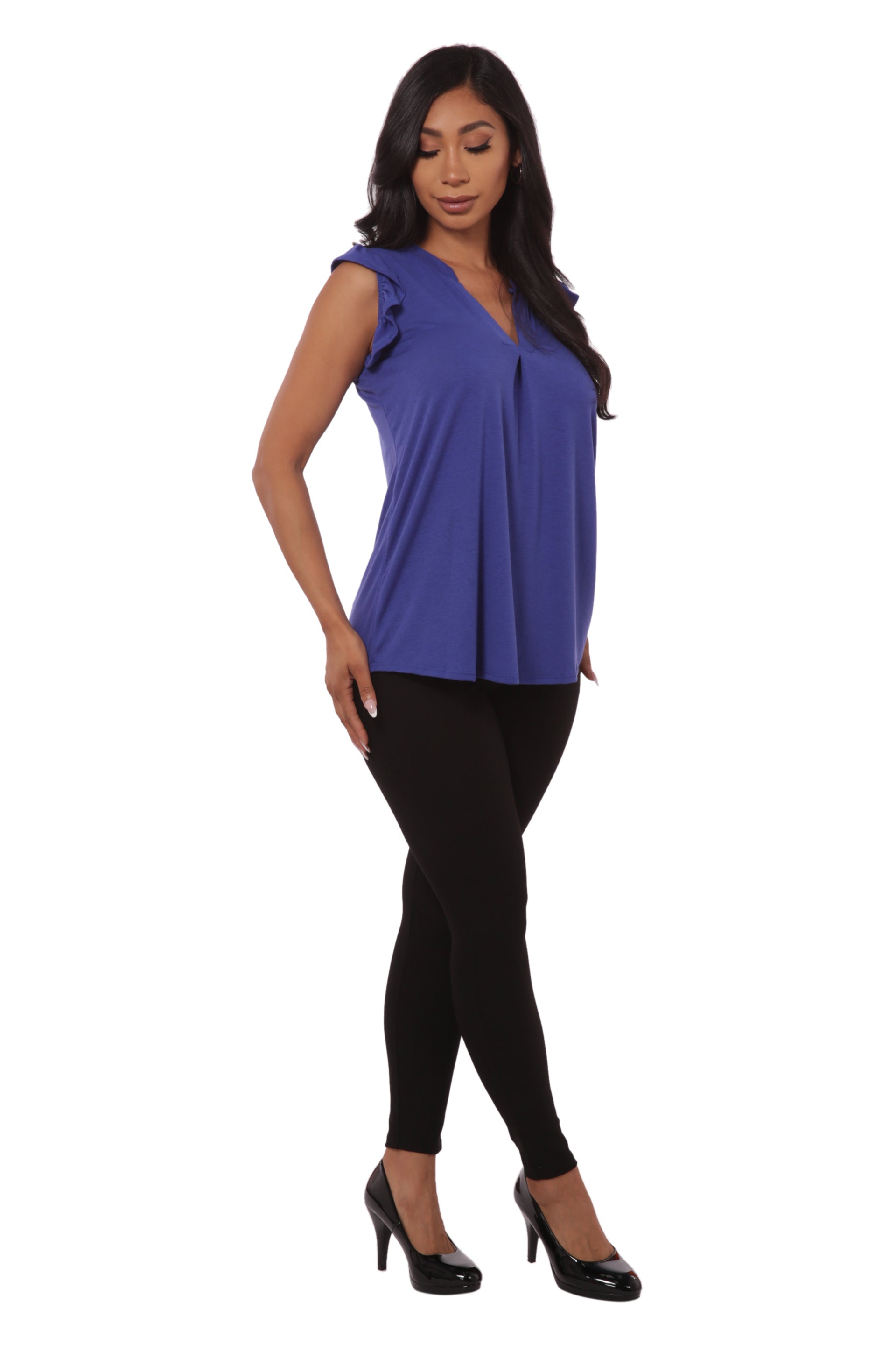 Wholesale Womens V-Neck Tops With Ruffle Armhole Detail - Blue - S&G Apparel