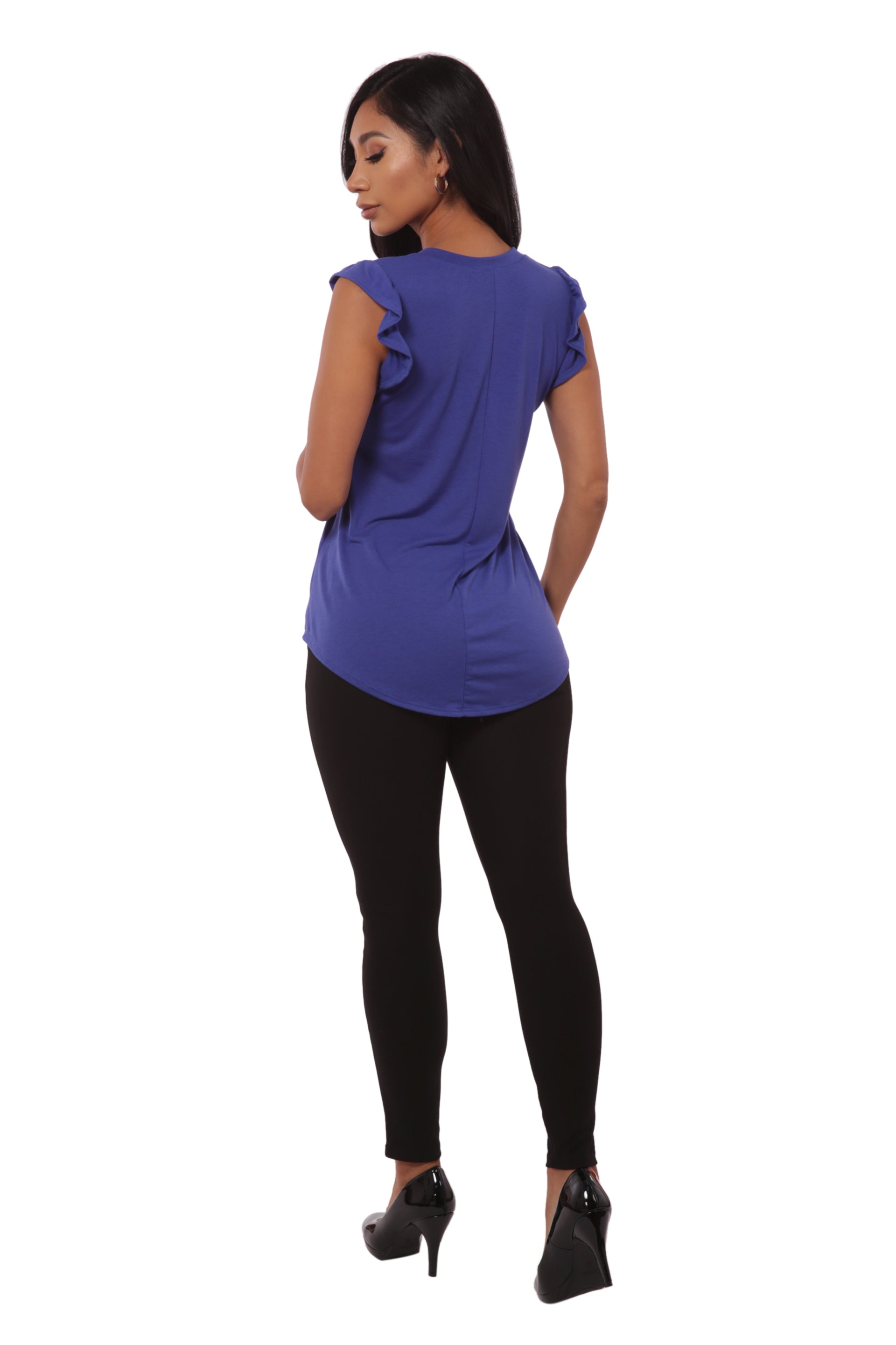 Wholesale Womens V-Neck Tops With Ruffle Armhole Detail - Blue - S&G Apparel