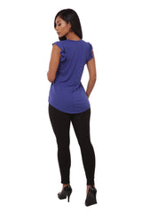 Wholesale Womens V-Neck Tops With Ruffle Armhole Detail - Blue - S&G Apparel