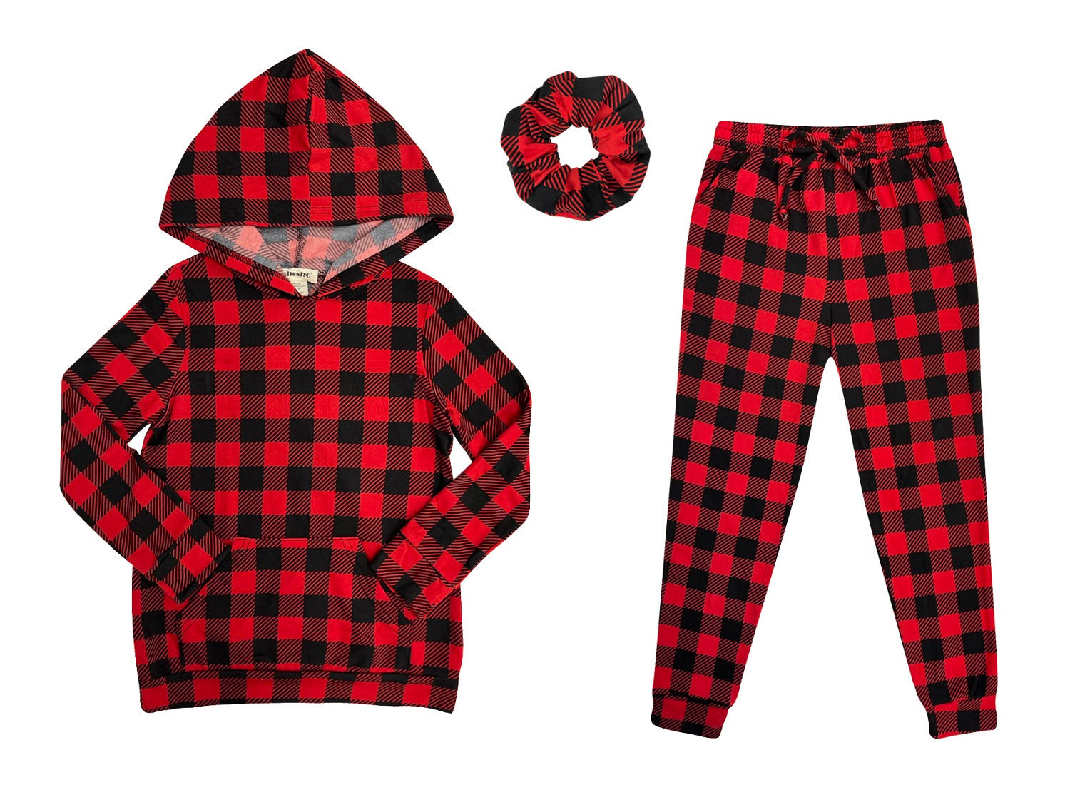 Wholesale Big Kids Christmas 2-Piece Fleece Lined Pull Over Hoodie + Sweatpants Pajamas Sets - Red & Black Plaid