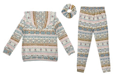 Wholesale Big Kids Christmas 2-Piece Fleece Lined Pull Over Hoodie + Sweatpants Pajamas Sets - Blue, White Fair Isle Print