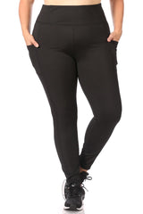 Wholesale Womens Plus Size Rib Knit High Waist Sports Leggings With Side Pockets - Black